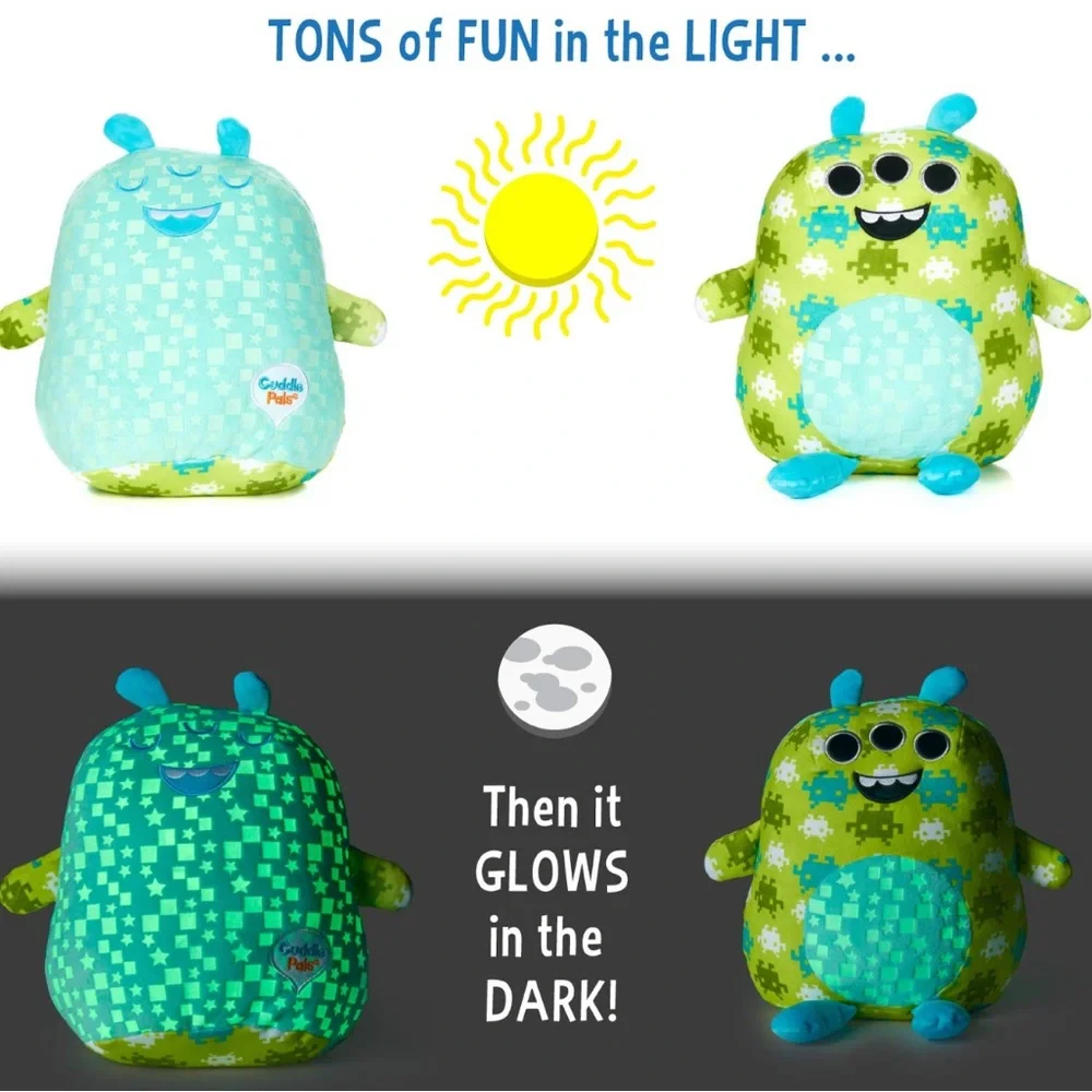 KIDS PREFERRED Two Sided Glow in The Dark Cuddle Pal Pixel The Alien Plush 11.5”
